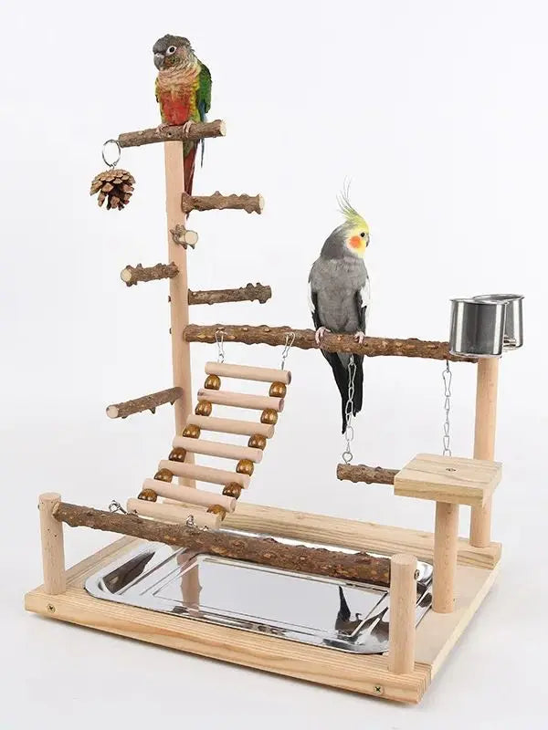 Perchoir d'escalade en bois naturel pour perroquets avec balançoire, échelle et pont suspendu
