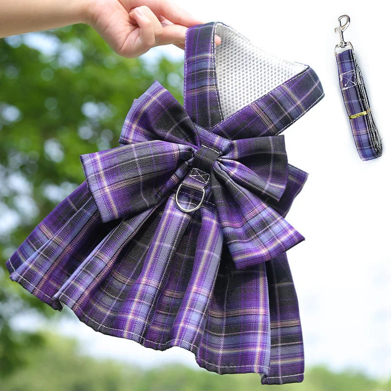 Plaid Bow Dress & Leash Set for Cats and Small Dogs