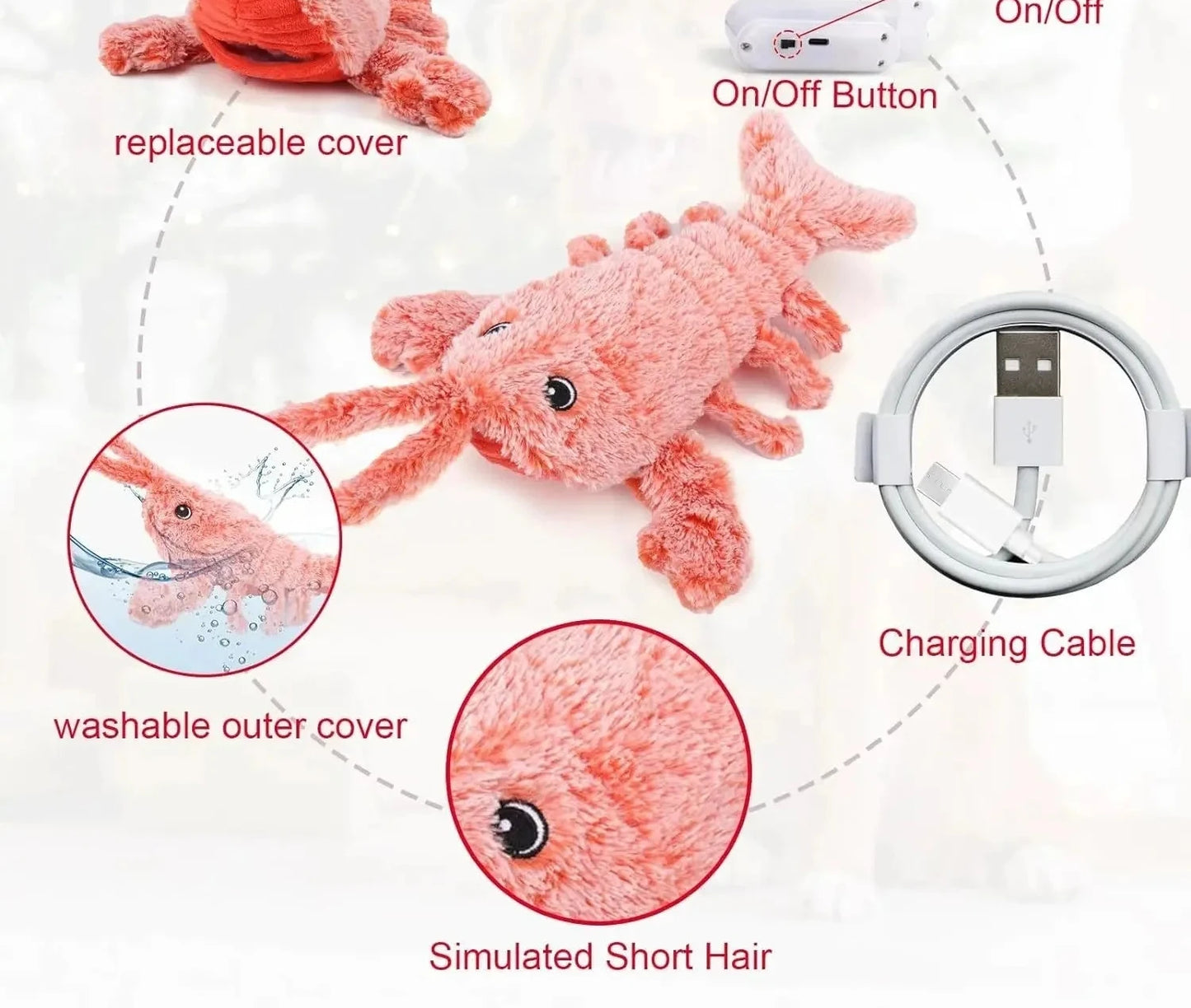 Jouet interactif pour chat en forme de homard doux rechargeable par USB avec couineur