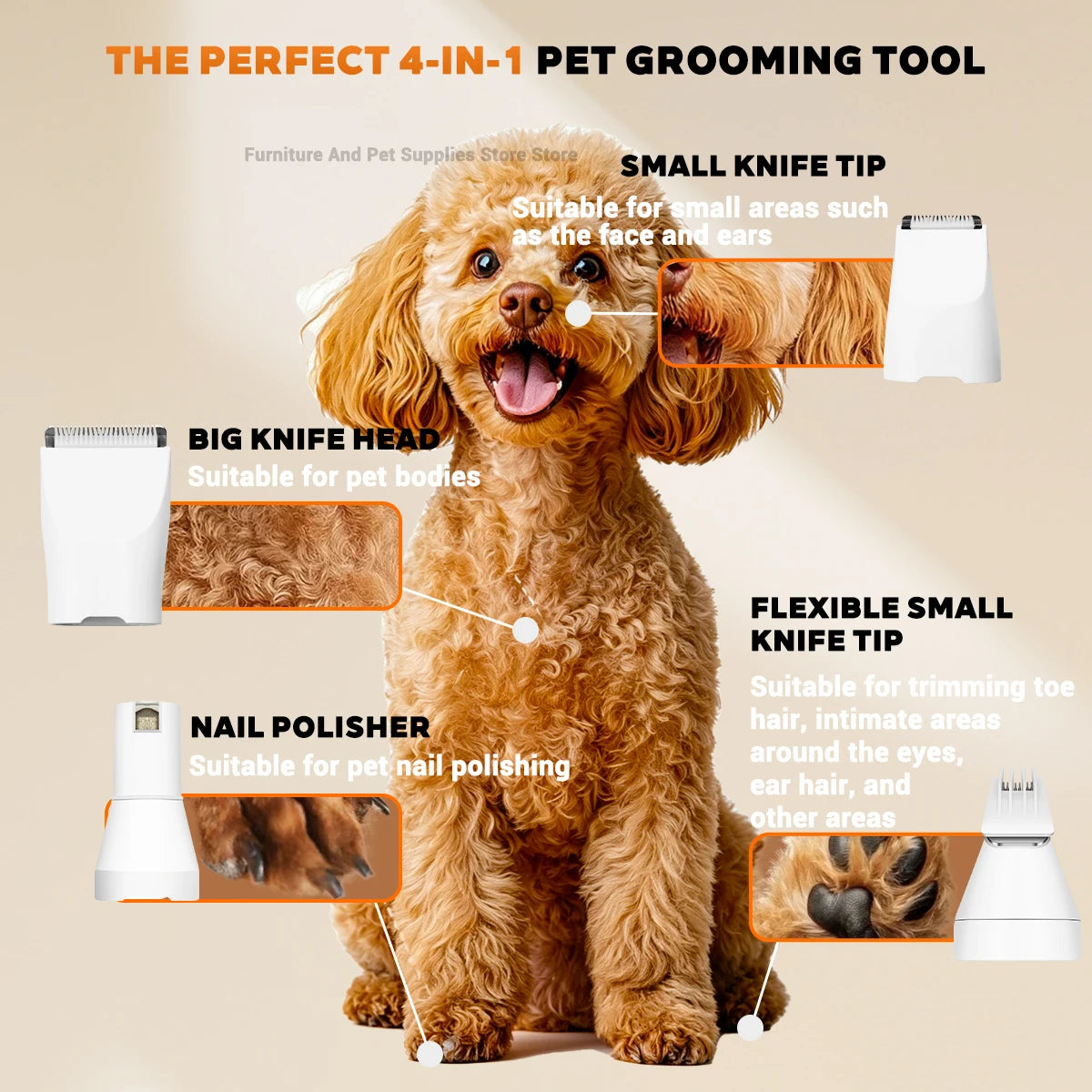 4-in-1 Cordless Pet Grooming Set with 4 Blades — Low Noise Rechargeable Clipper
