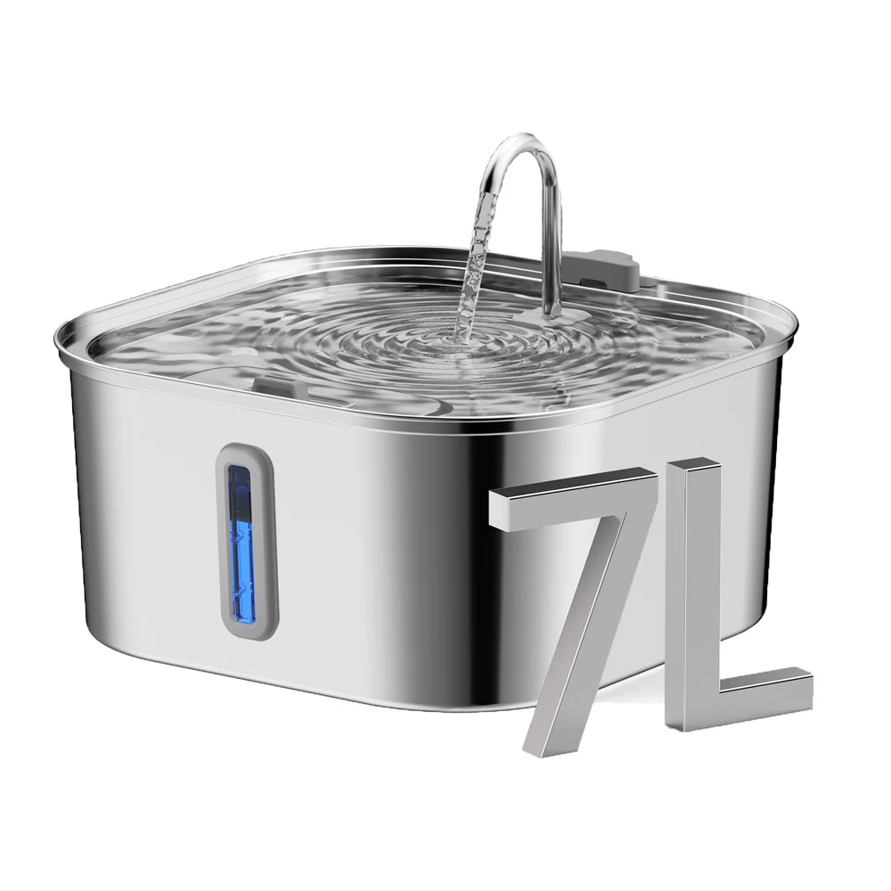 7L Stainless Steel Dog Automatic Water Feeder, With Water Level Window Display Dog Fountain, Large Pet Water Dispenser