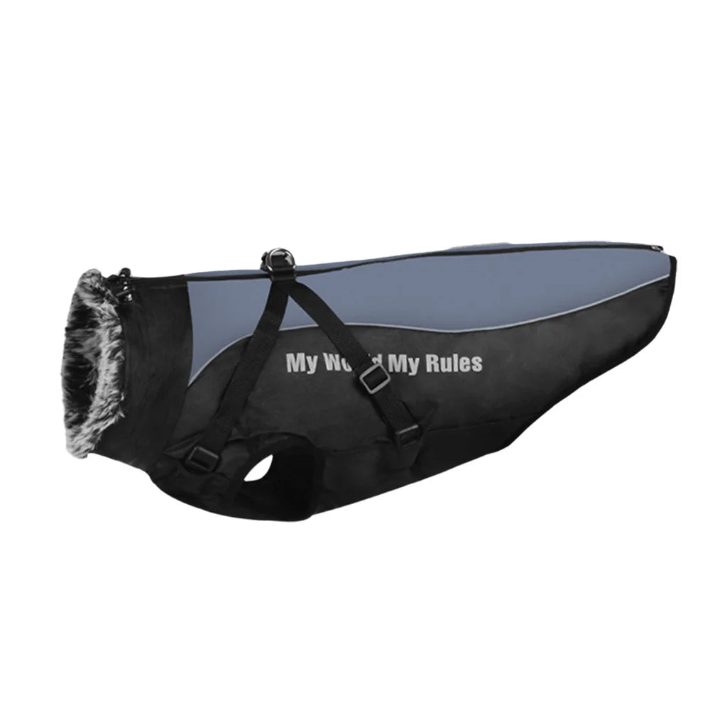 Reflective Waterproof Winter Dog Coat with Fur Collar & Harness