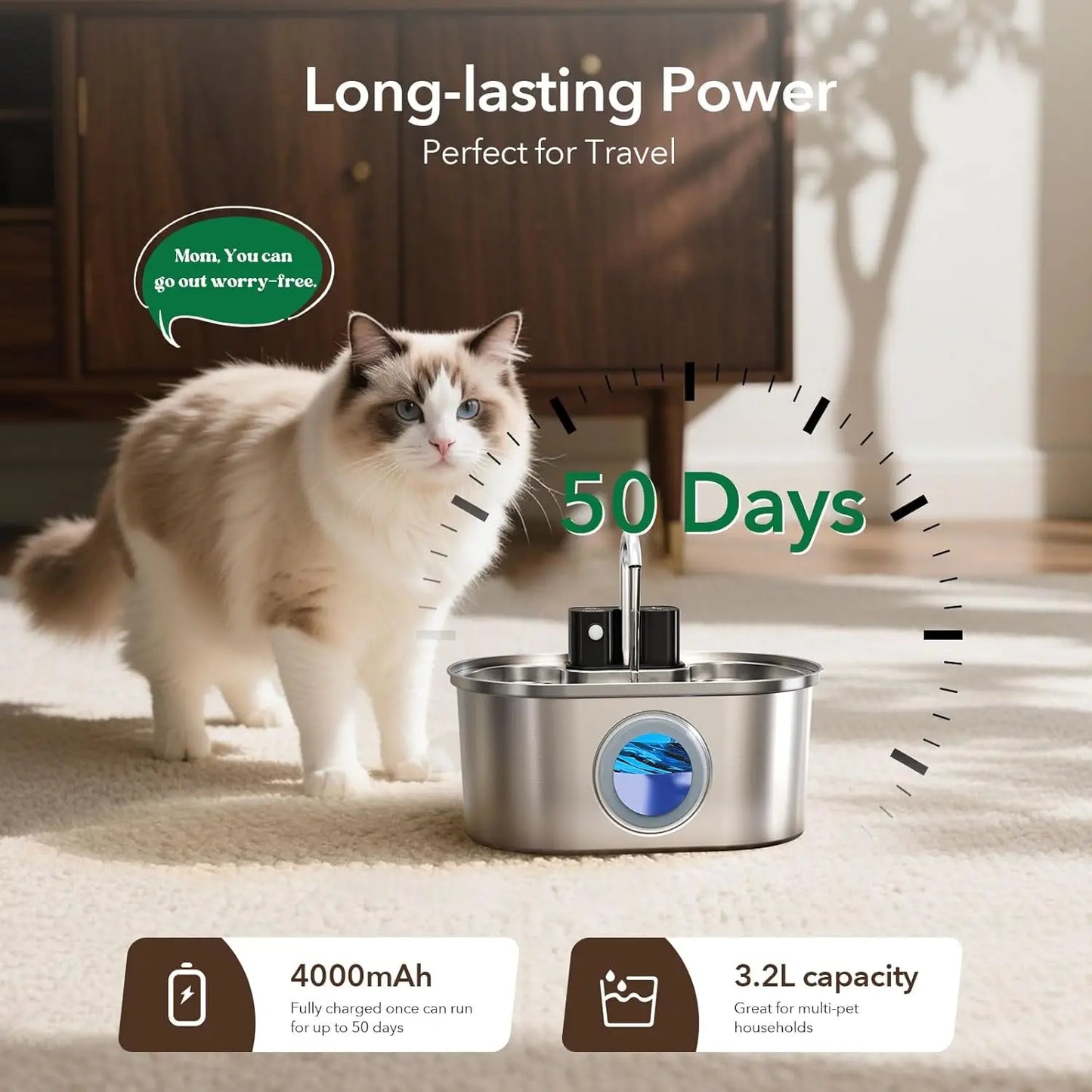 3.2L Wireless Stainless Steel Pet Water Feeder Auto Cat Fountain faucet Smart Dog Water Dispenser Visual Window Drinking Bowl