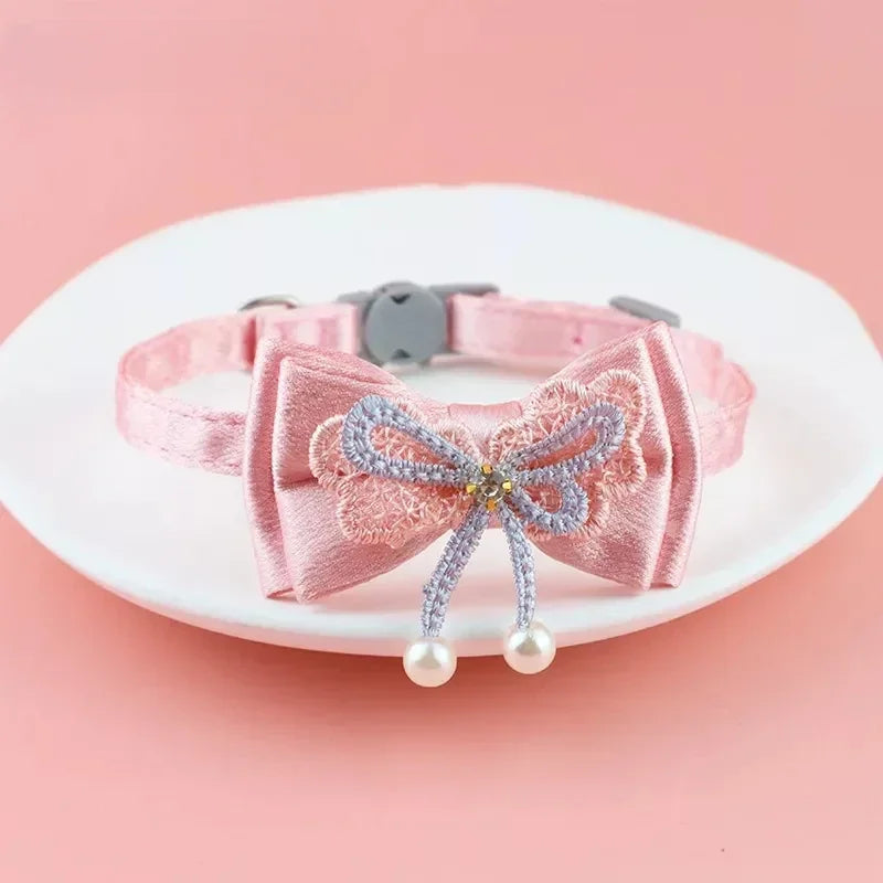 Pink Lace Bow Pet Collar with Bell for Cats and Small Dogs