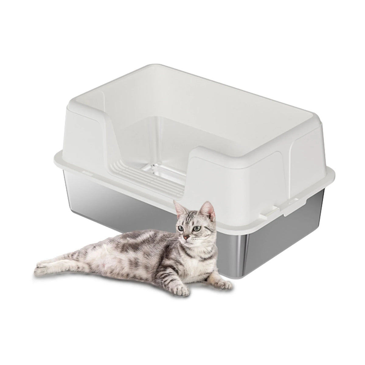 Stainless Steel Semi-Enclosed Cat Litter Box | High Sides | Anti-Splash | 3 Sizes