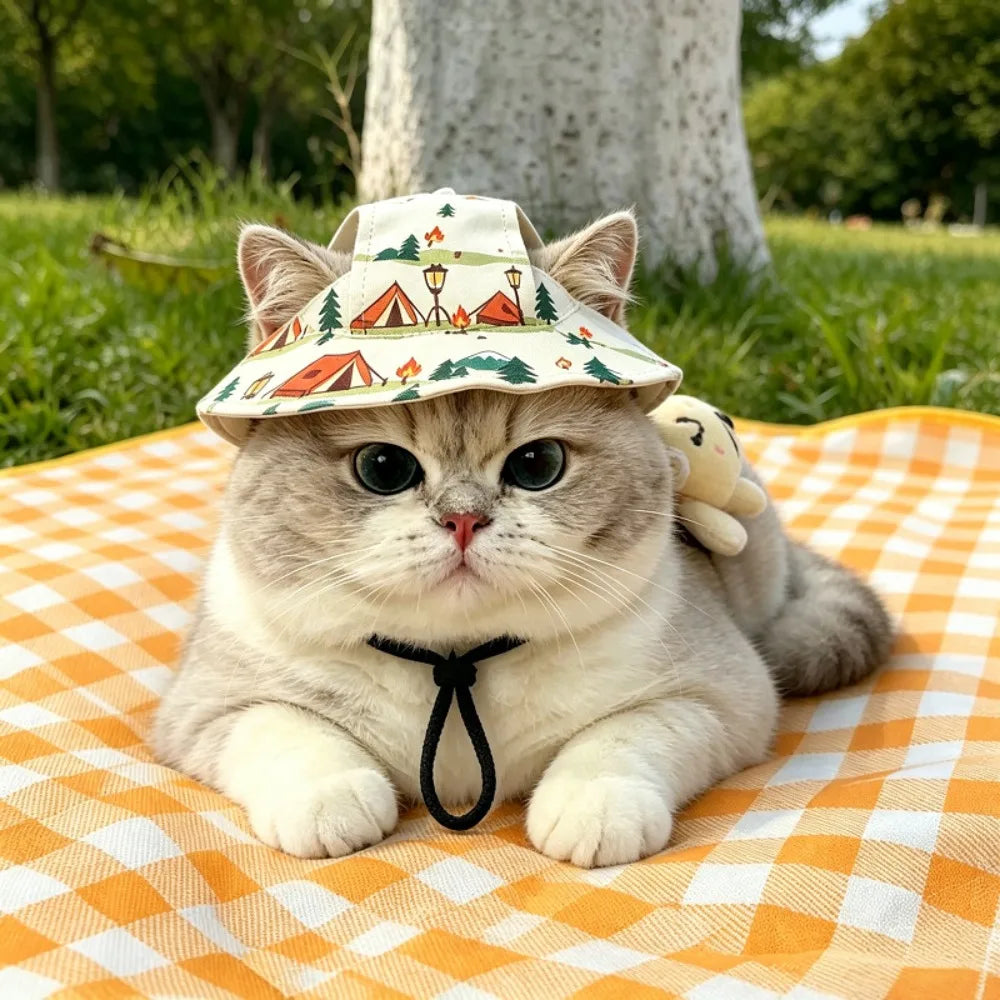 Cotton Bucket Sun Hat with Ear Holes for Cats & Small Dogs