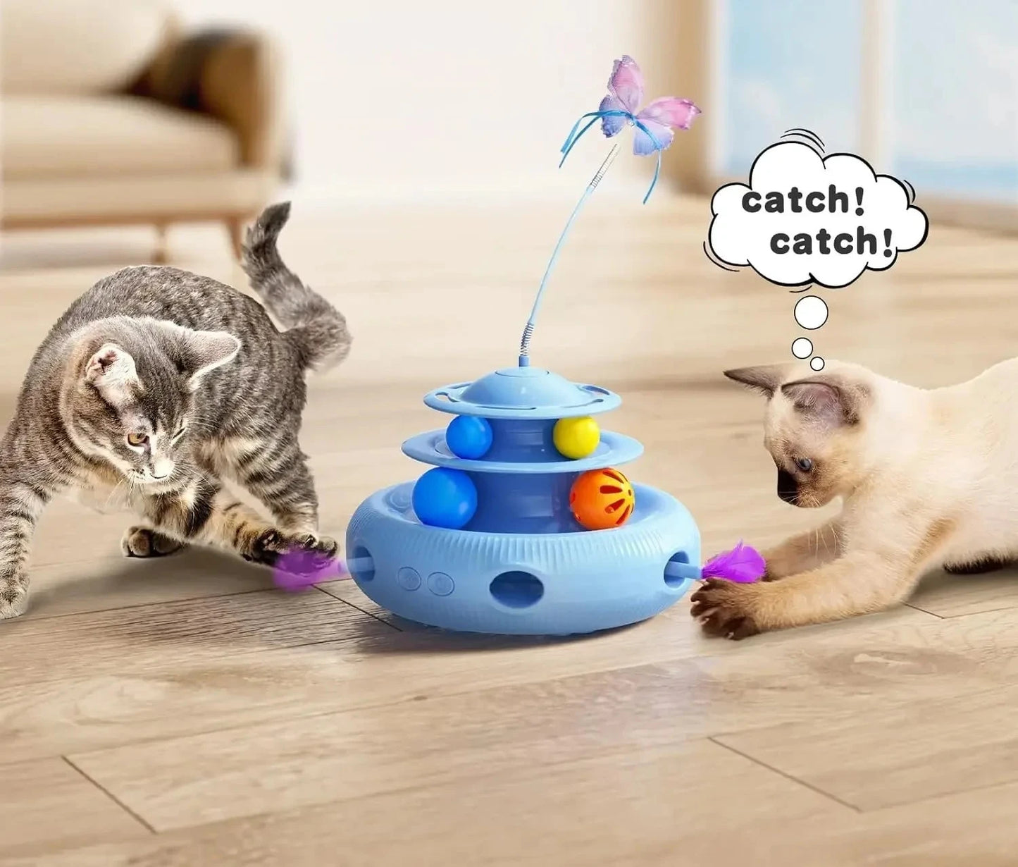 Jouet pour chat automatique rechargeable 4-en-1 avec papillon, plume et balle de piste