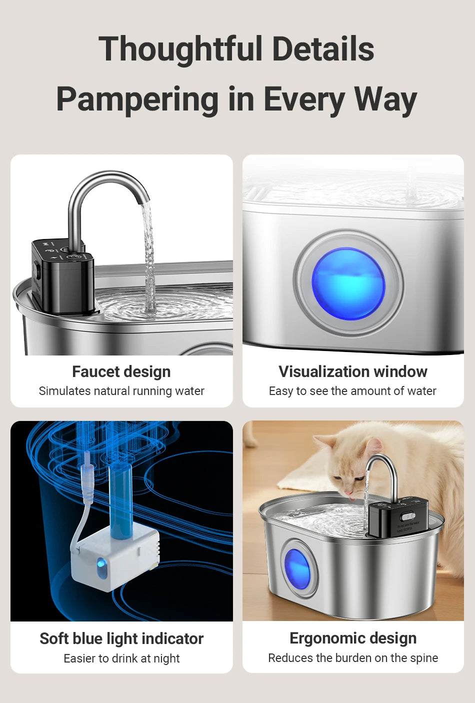 Stainless Steel Smart Pet Water Fountain with 4000mAh Battery & Sensor