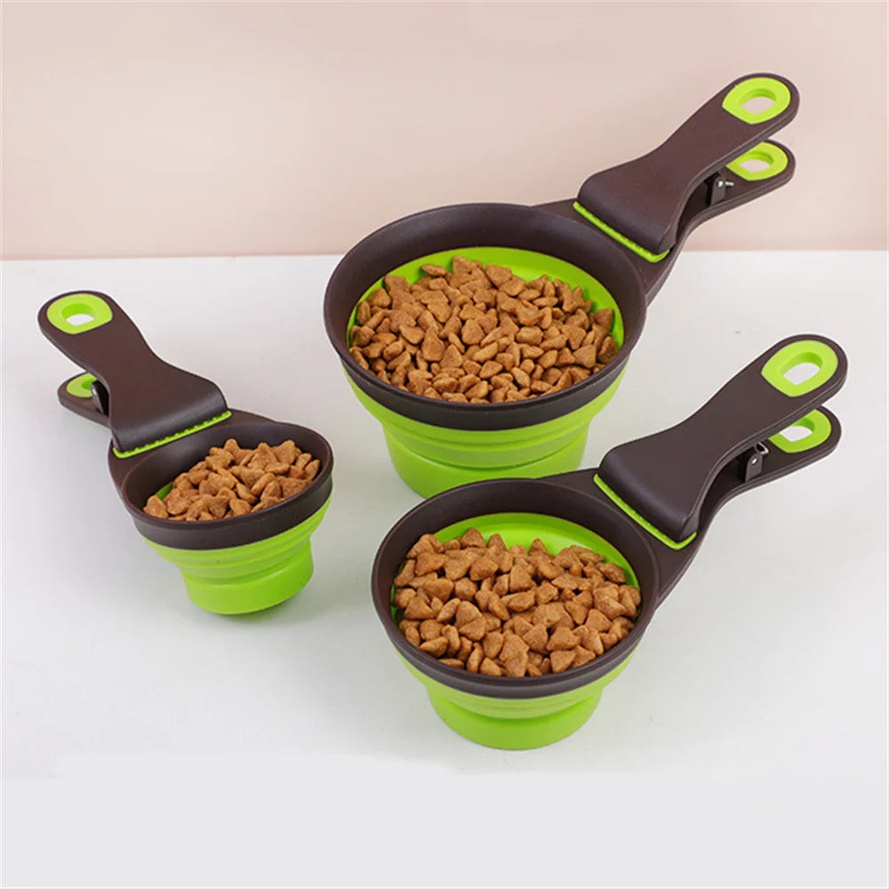 Collapsible Silicone Pet Food Measuring Scoop with Sealing Clip