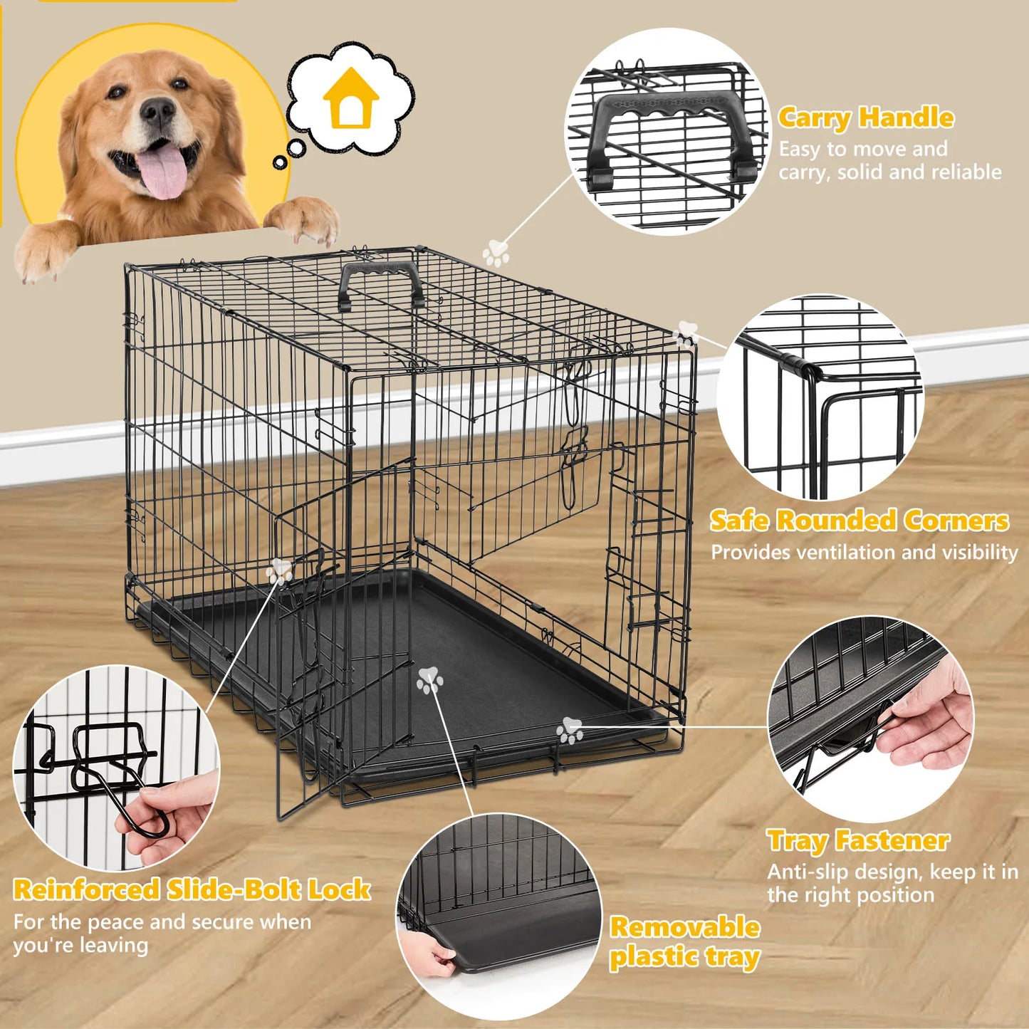 Folding Metal Wire Dog Crate with Leak-Proof Tray | Double Door