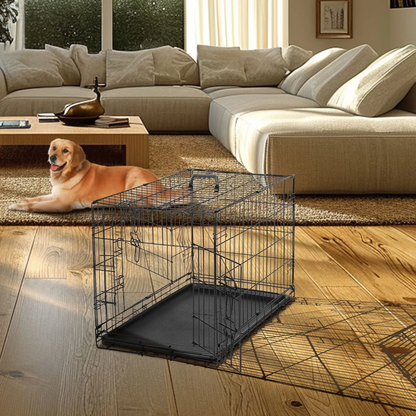 Folding Metal Wire Dog Crate with Leak-Proof Tray | Double Door